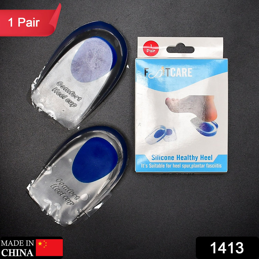 Gel heel cups for cushioning and relieving heel pain.
