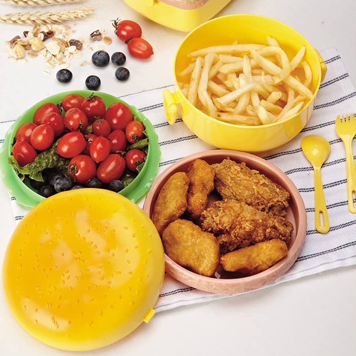Burger Shape Lunch Box Plastic Lunch Box Food Container Sets Double Layer Lunchbox 1000ml With 2 Spoon Applicable to Kids and Elementary School Students your brand