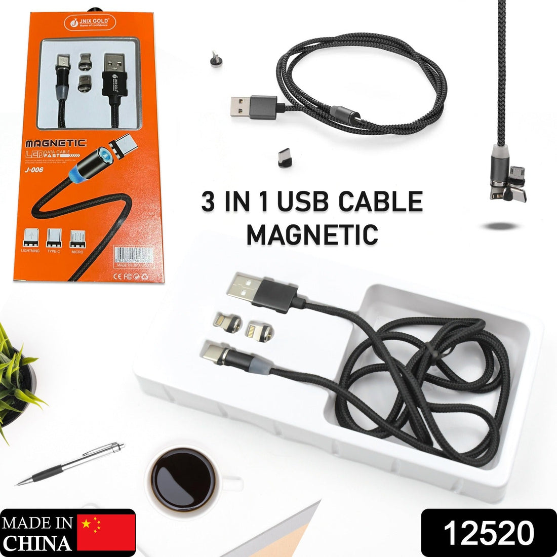 Magnetic Charging Cable 3 in 1 Metal Magnetic Micro USB Type C Lighting Cable with LED, Multiple Charging Adapters for All Android and all Smartphones  (Compatible with All Android and iPhone Smartphones, Tablet, PC, Mobile - Shopmania Wholesale