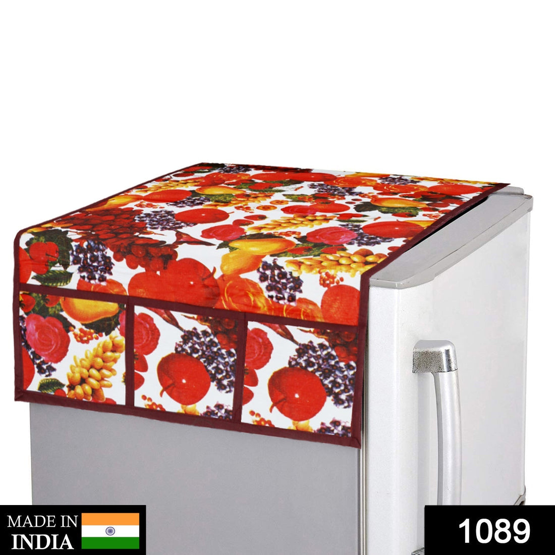 Decorative PVC fridge top cover with a fruit design in white and maroon.