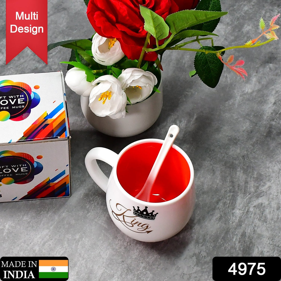 Multi-design ceramic coffee mug with spoon and box packaging