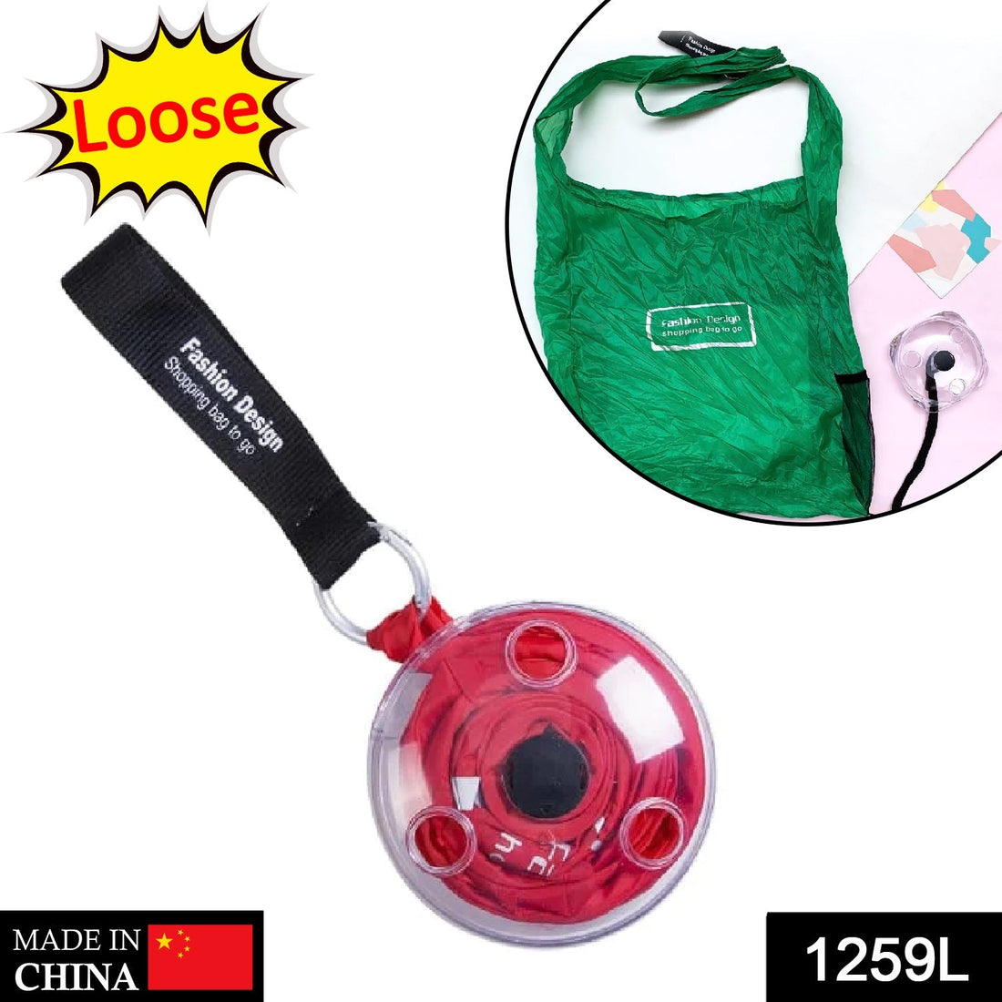 Foldable and portable nylon grocery bag in a small case.