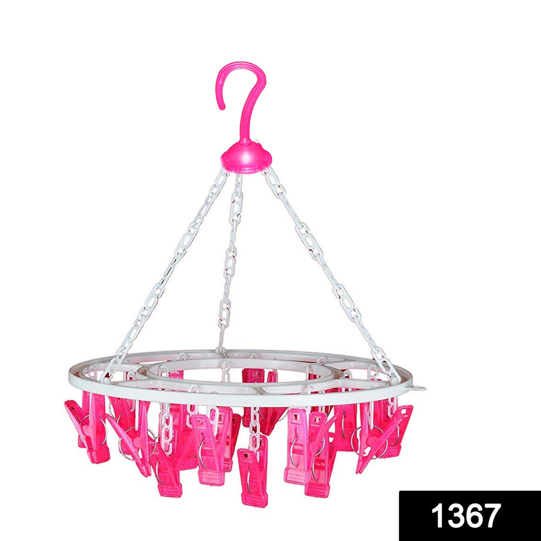 Round drying stand with 24 multicolour clips for hanging clothes.