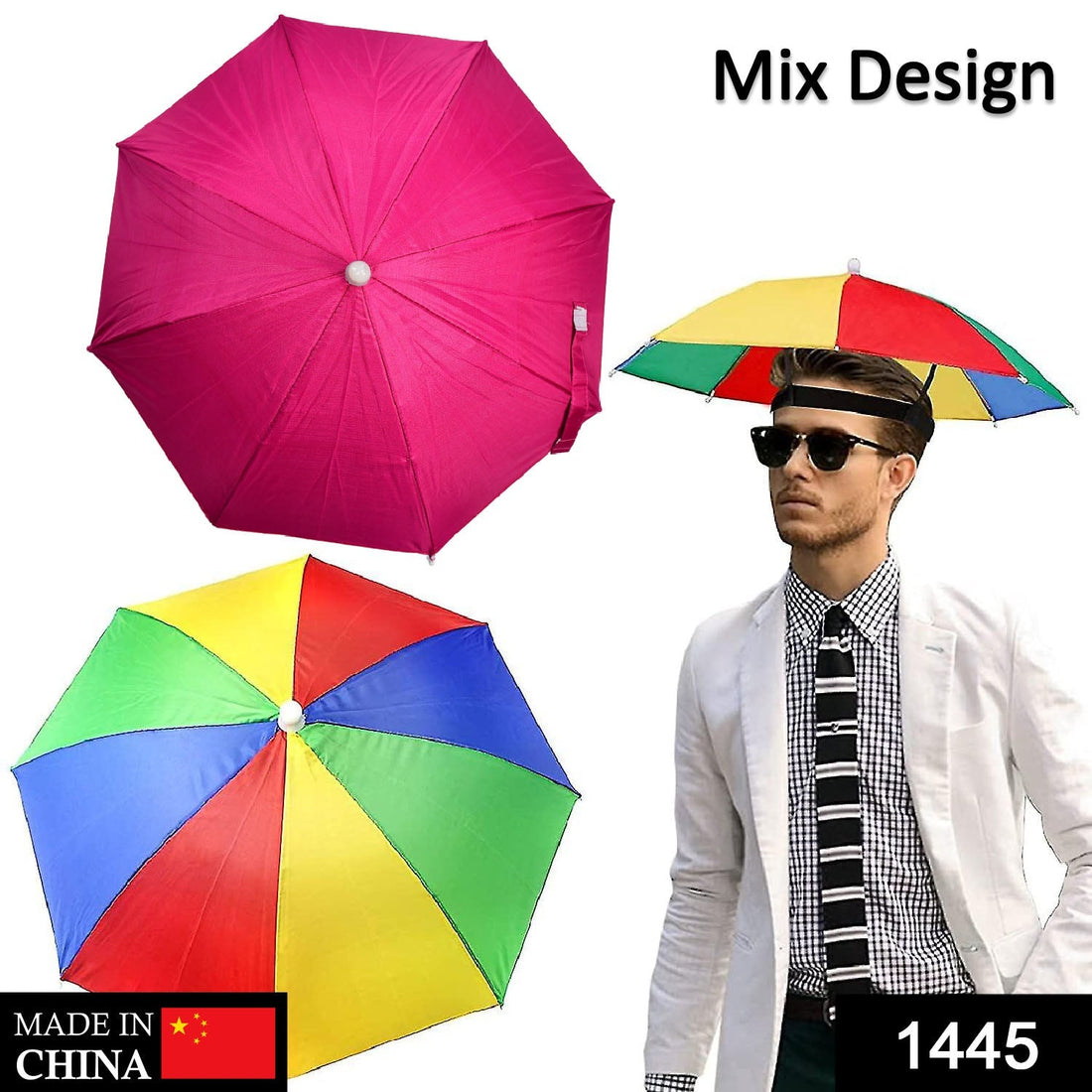 Hands free umbrella hat for sun and rain protection.