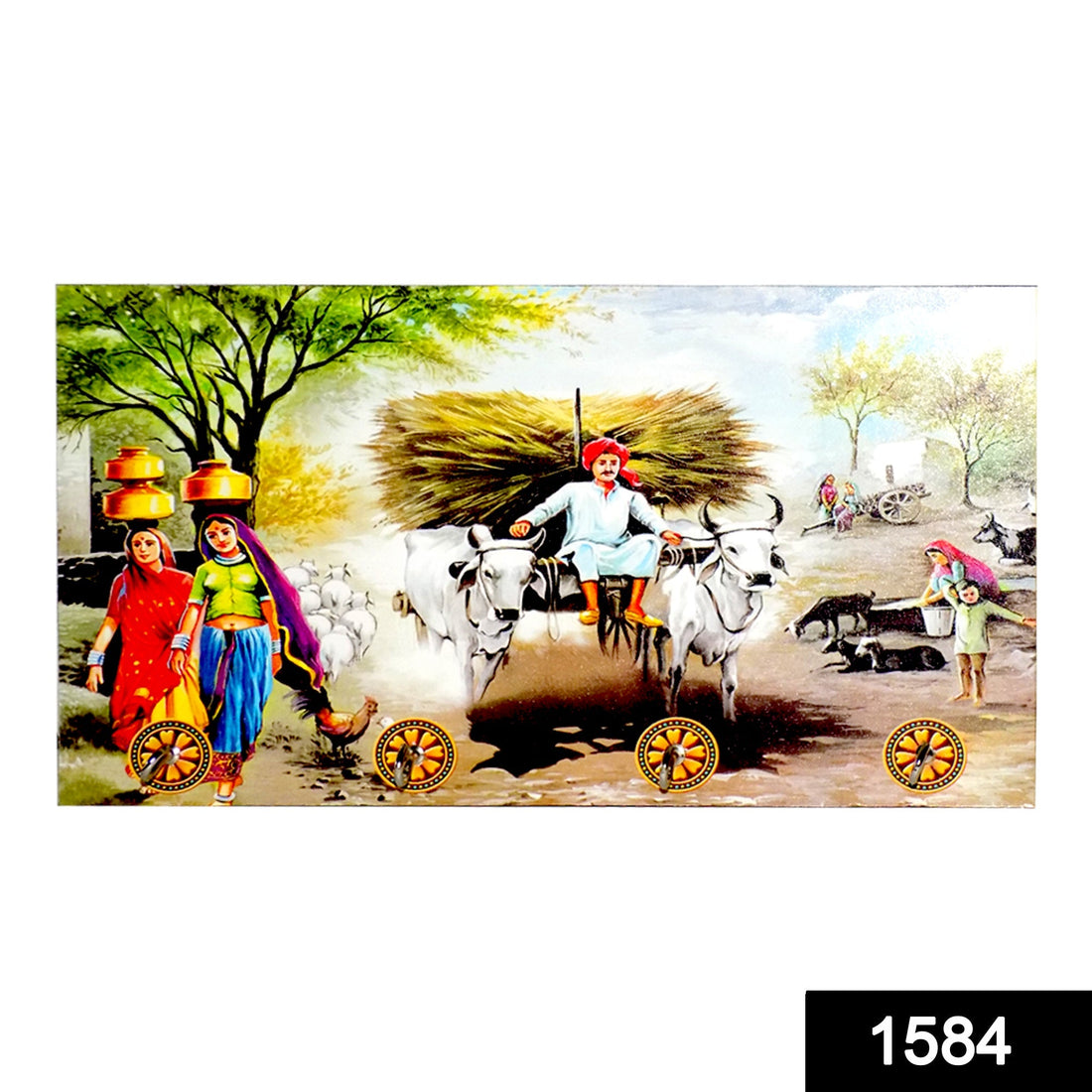 Wooden landscape art with hooks for decorative wall hanging.