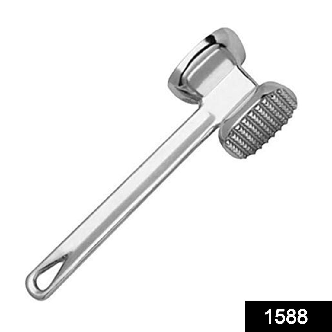 Two-sided meat hammer for tenderizing beef and other meats.
