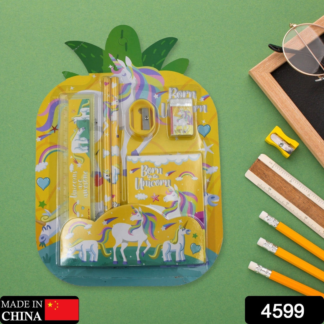 6-piece stationary set with ruler, pencils, and sharpener