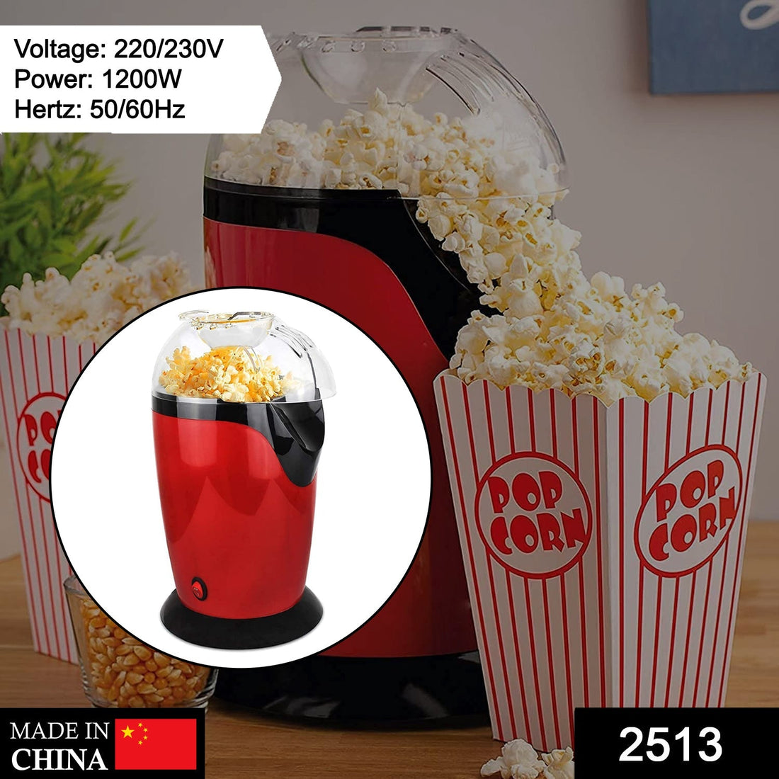 Hot air popcorn maker in action