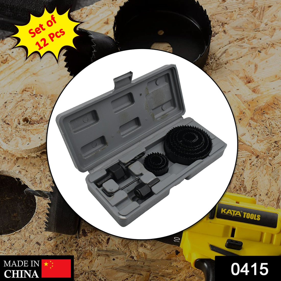 12-piece hole saw kit for drilling various sizes.