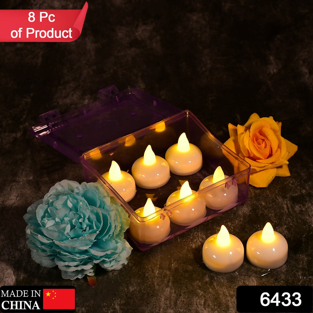 Set of 8 flameless floating candles with transparent box