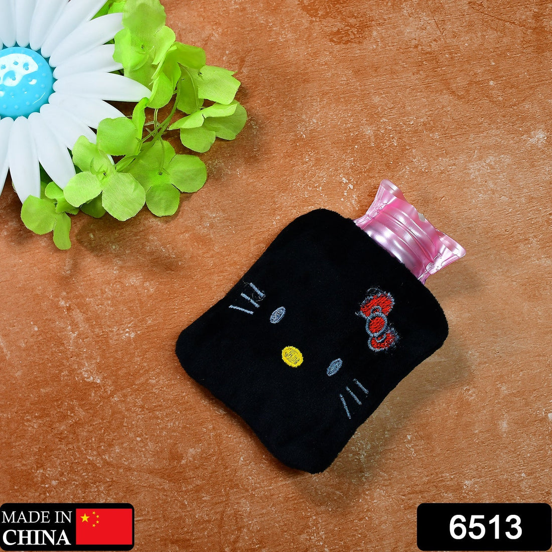 Black Hello Kitty hot water bag with cover for pain relief