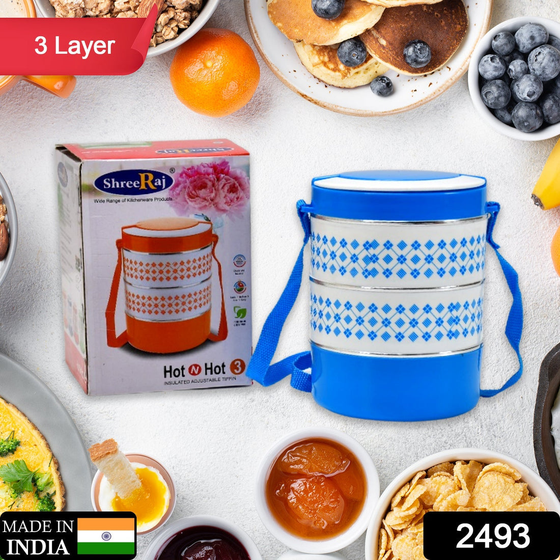 Blue 3-layer insulated tiffin set.