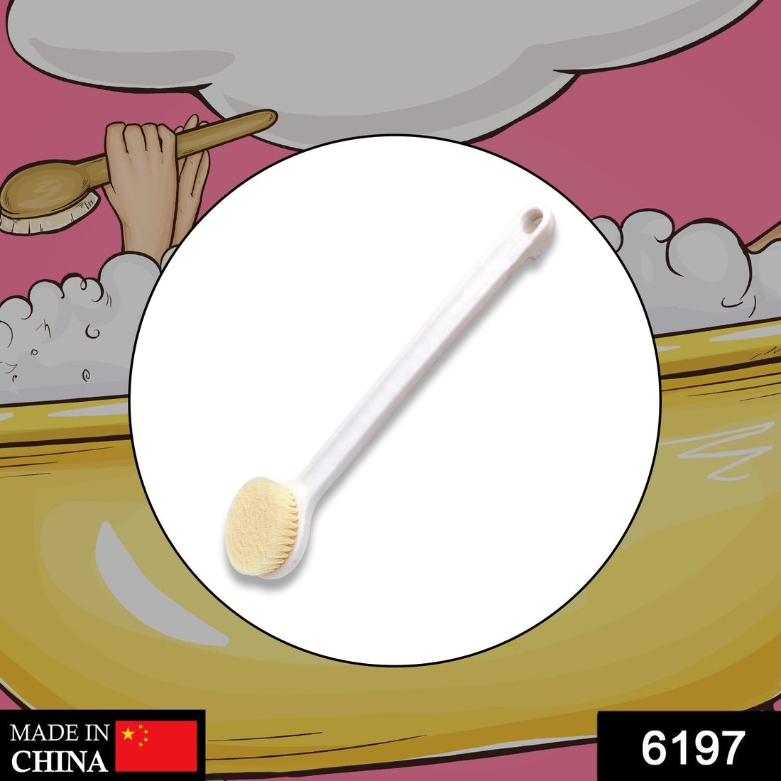 Long handle body brush with soft bristles for dry brushing.