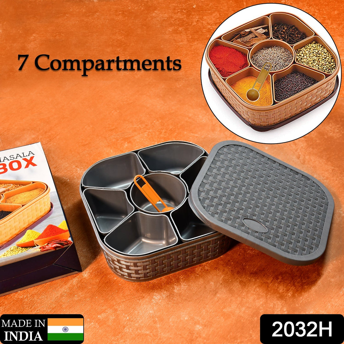 Masala box with 7 sections, plastic with wooden style finish
