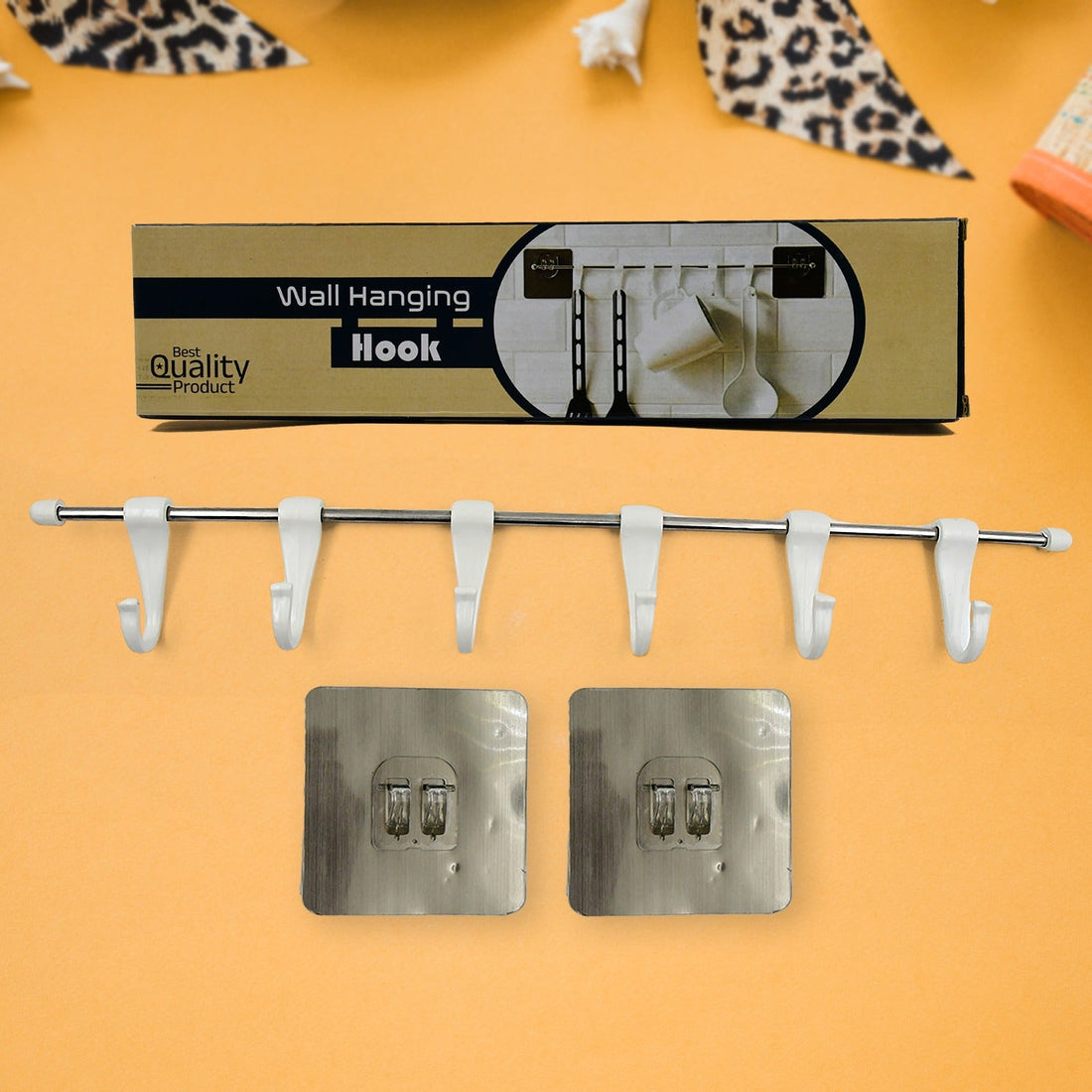 Stainless Steel Utensil Hanger Rail Nail Free Wall Mount with 2 Magic Stickers & 6 Plastic Hooks For Kitchen - Shopmania Wholesale