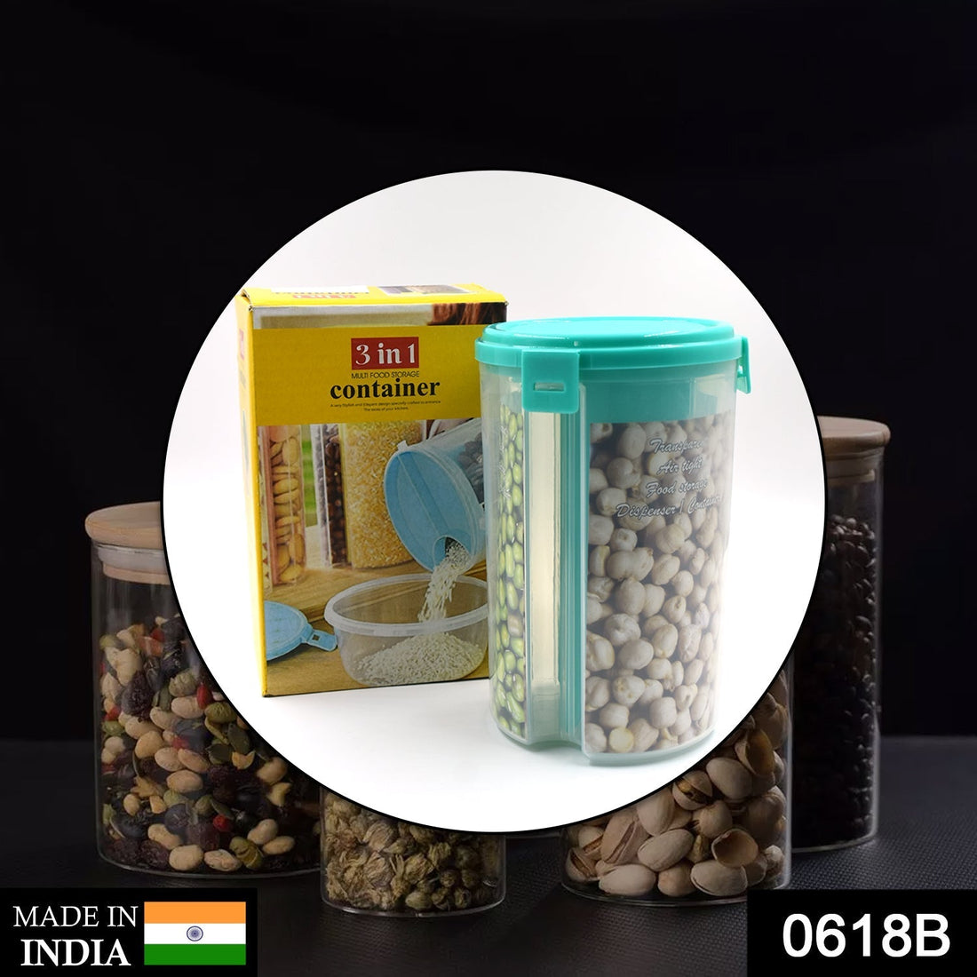 Transparent 3-in-1 storage container with airtight seal and color box packaging.