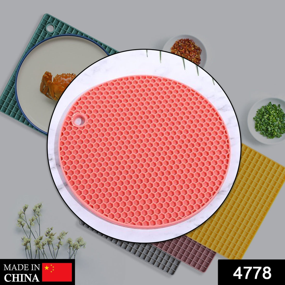 Silicone hot mat designed to protect surfaces from hot cookware with a flexible material.