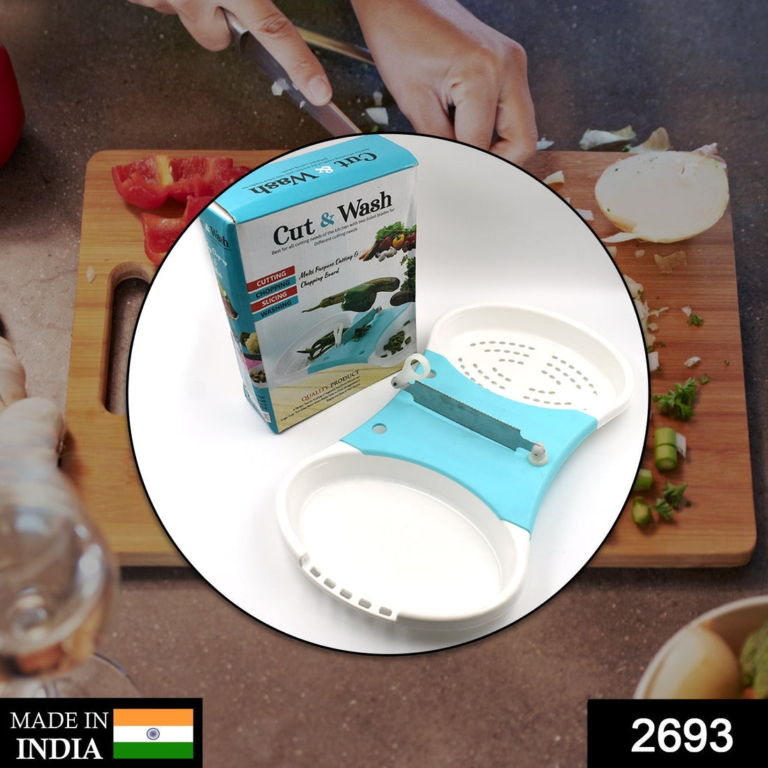 Adjustable cut and wash tool for easy vegetable and fruit prep in the kitchen.