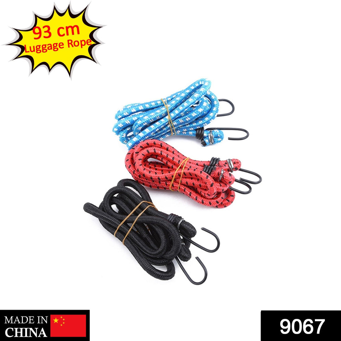 High-strength bungee cord with hooks for secure tying.