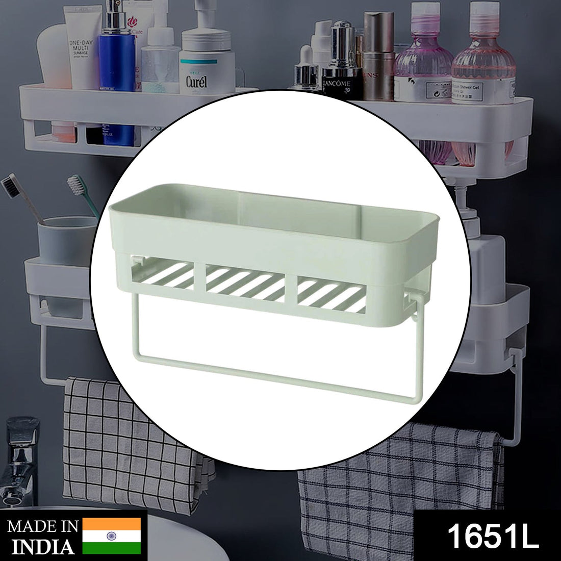 Multi-purpose shelf for kitchen or bathroom, wall-mounted.