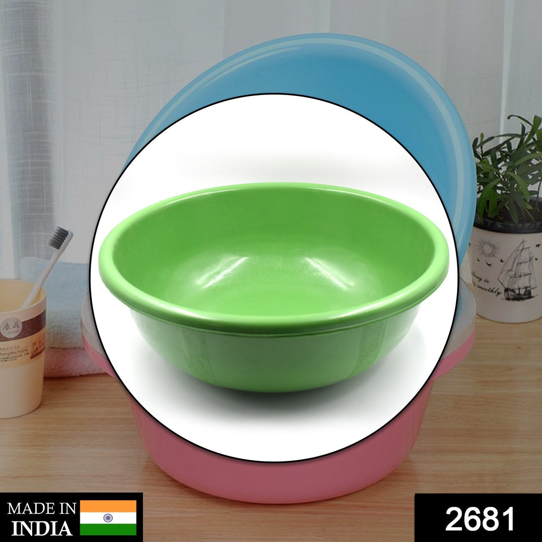 Plastic bath tub for storing water and various bathroom uses.