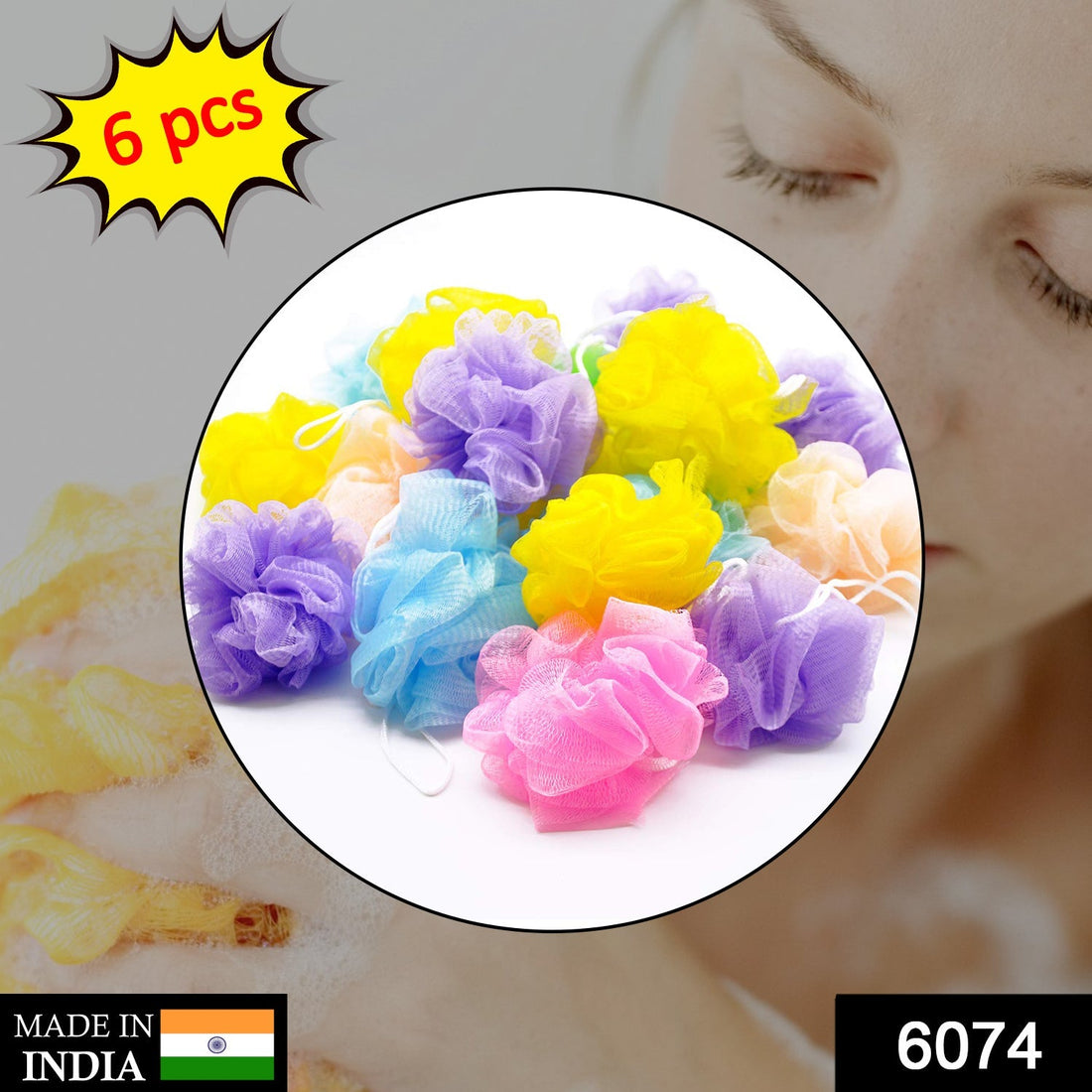 Pack of 6 bath loofah sponges for body scrubbing, soft and effective.