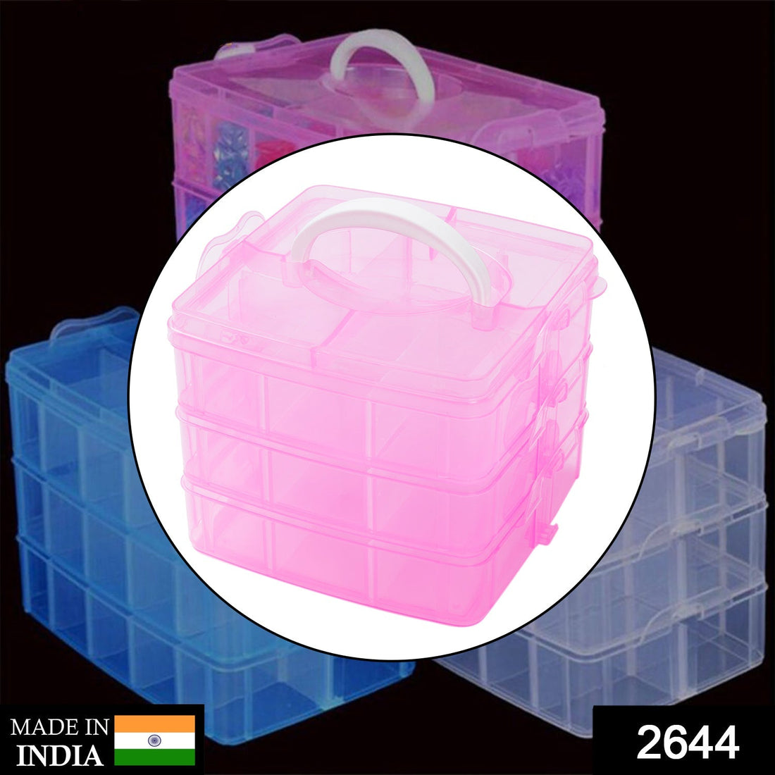 Transparent plastic craft storage box with 18 adjustable compartments and a 3-tier design