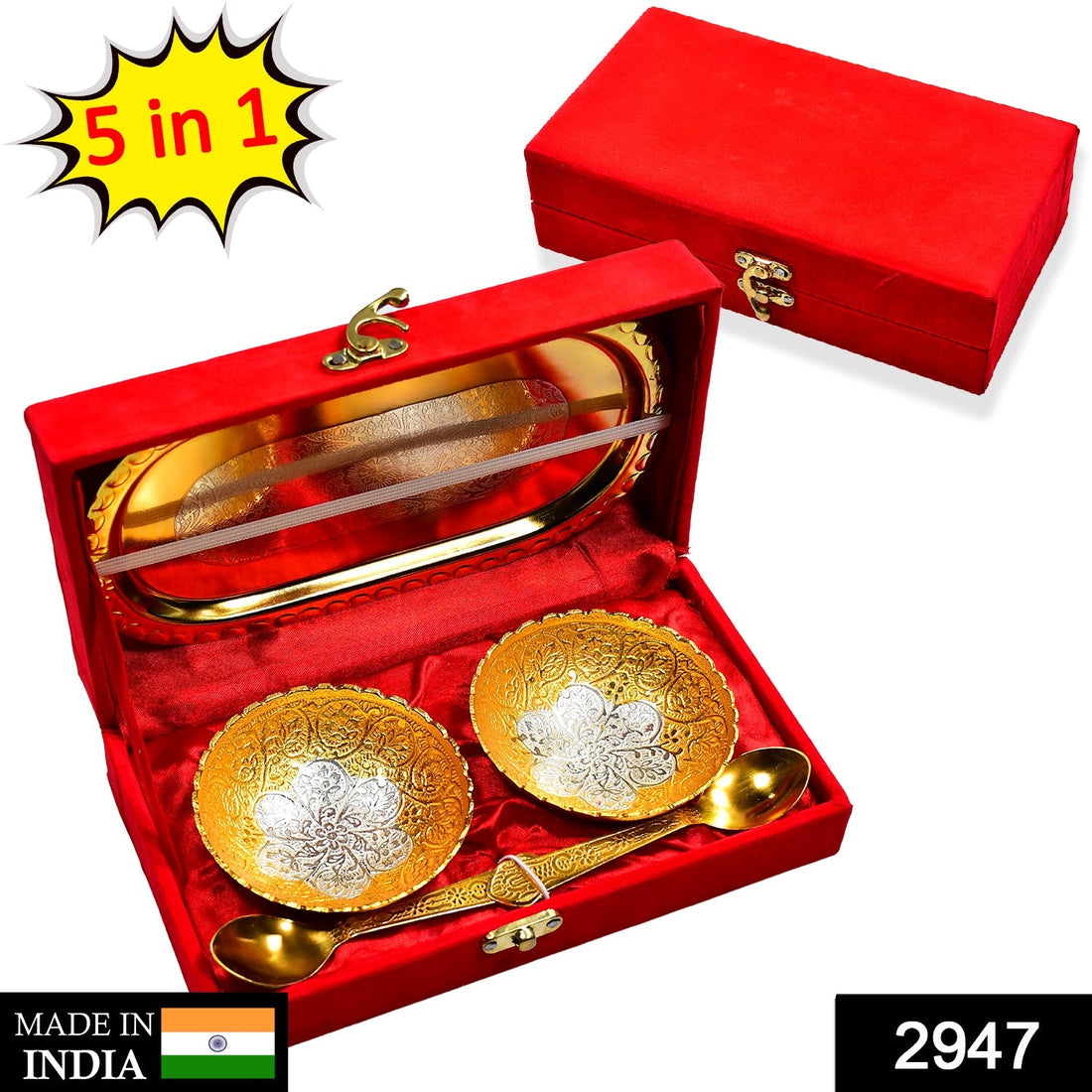 Gold and silver plated 2 bowl 2 spoon tray set in brass with red velvet gift box.