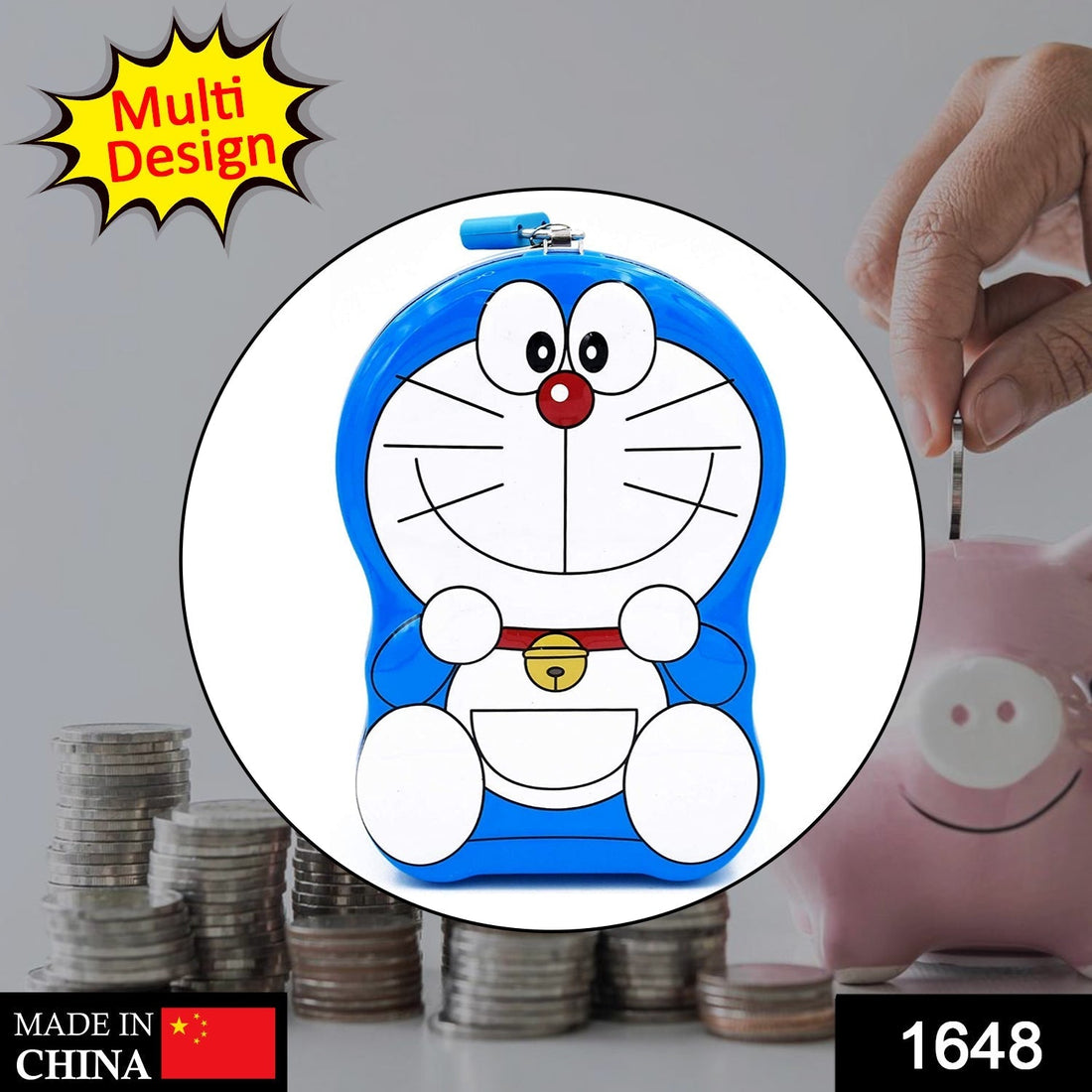 Metal piggy bank featuring cartoon characters, designed as a coin and money box for saving