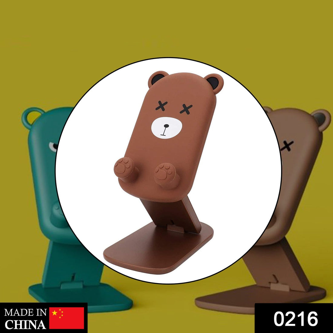 Mobile stand with a cute cartoon design, showcasing its adjustable angles and foldable feature