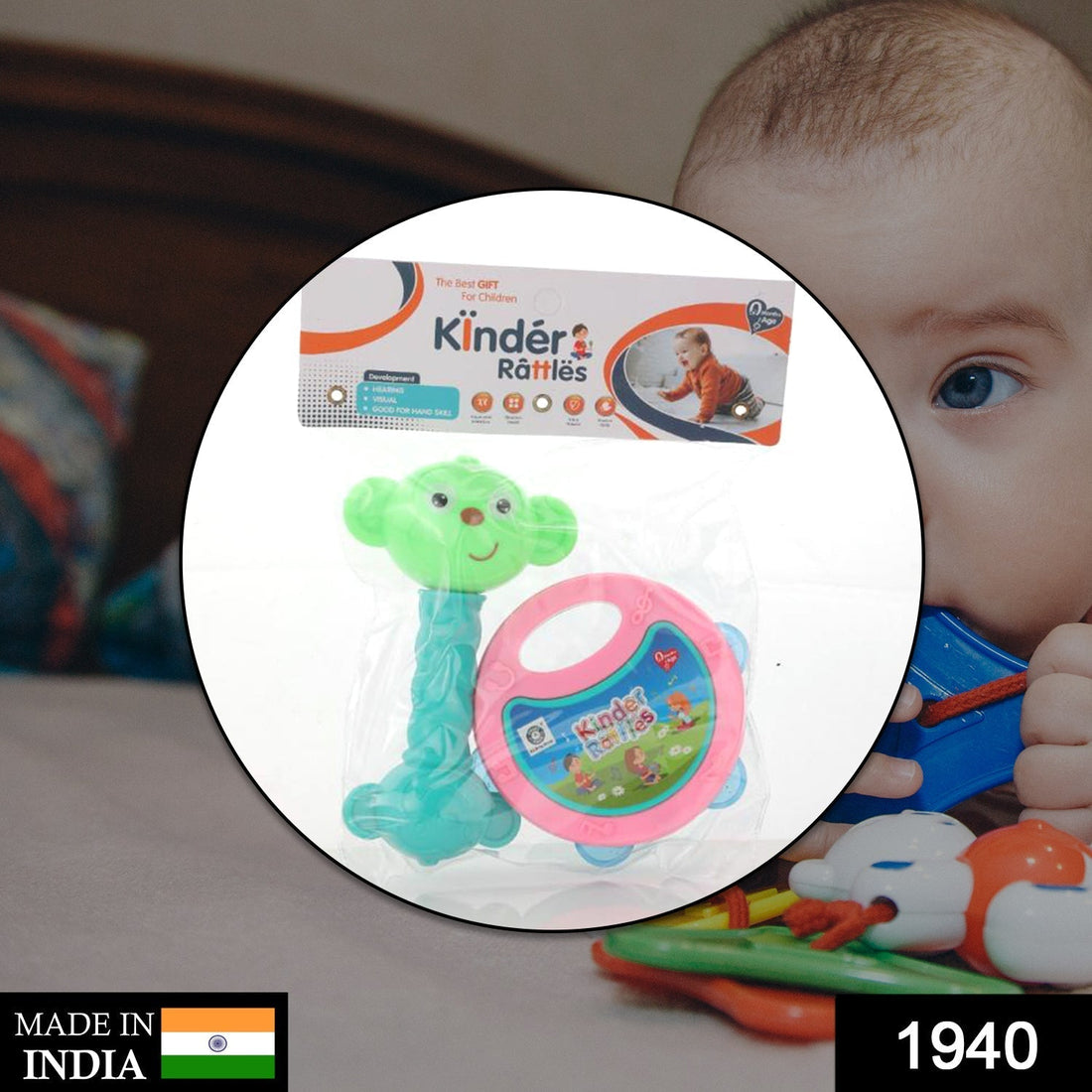 Set of two colorful rattles designed for babies, featuring easy-to-grip handles.