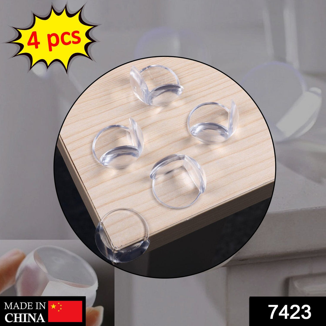 Pack of 4 clear corner protectors with high-resistant adhesive.