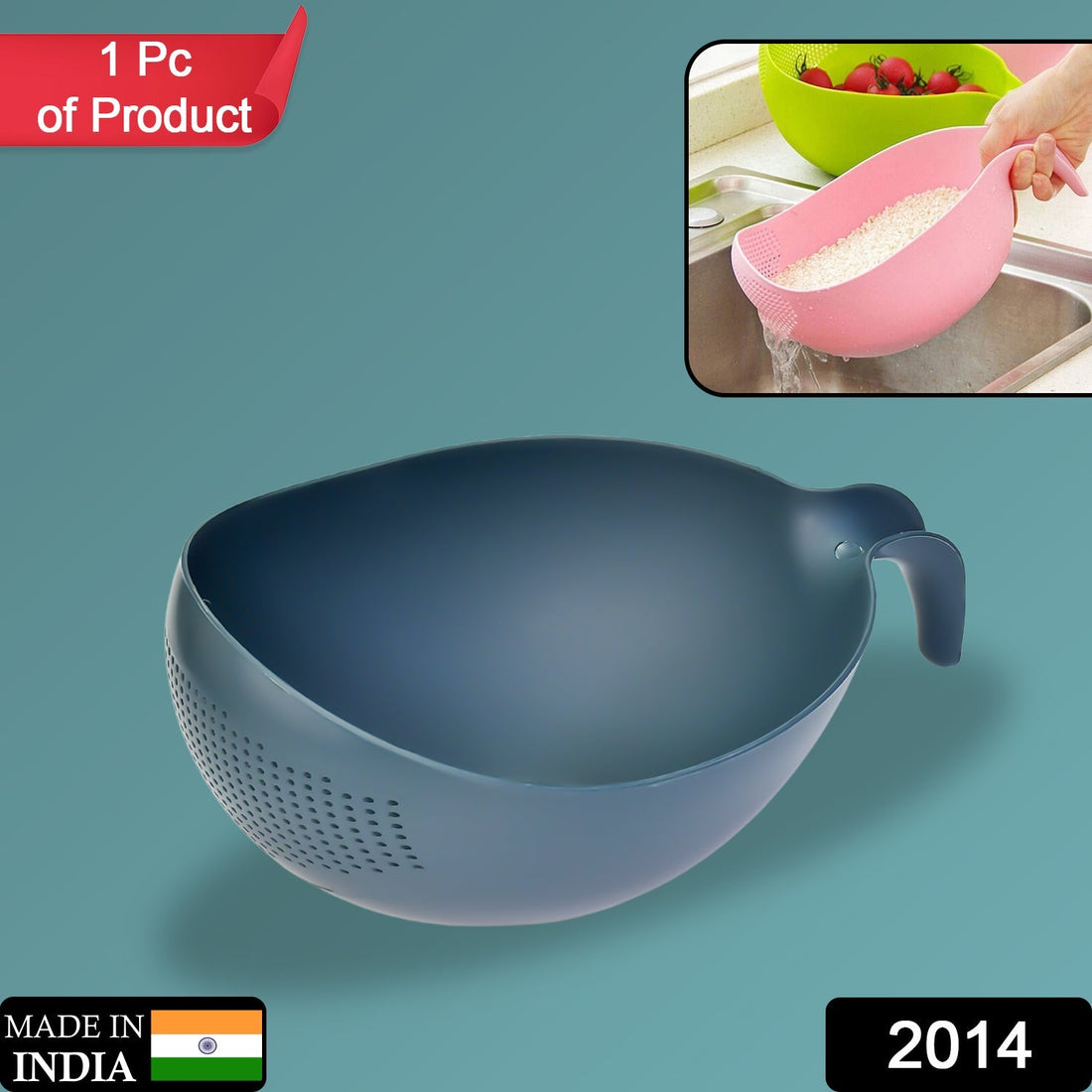 Plastic strainer bowl with handle for draining rice