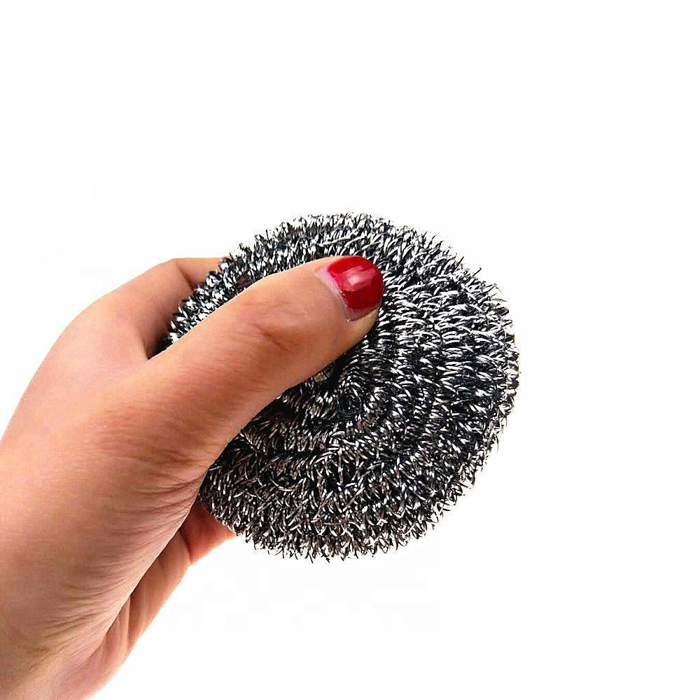 Durable stainless steel kitchen scrubber for removing tough stains and grease from cookware.