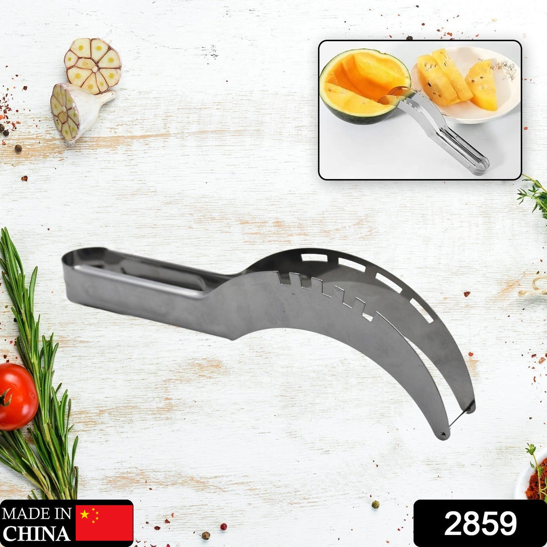 Stainless steel watermelon slicer and corer tool.