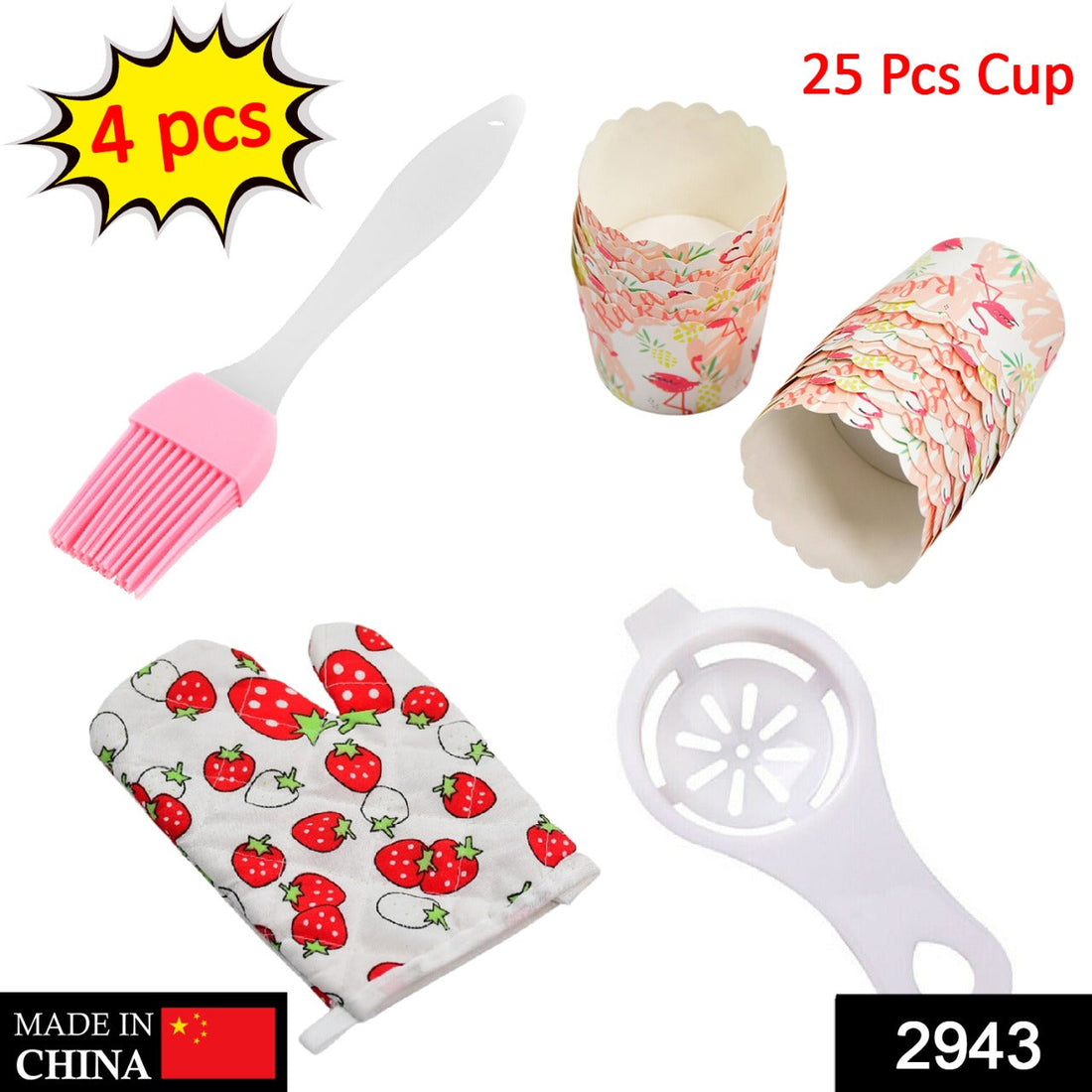 4pc kitchen tools set including spatula brush, oven glove, egg yolk separator, and paper cups.