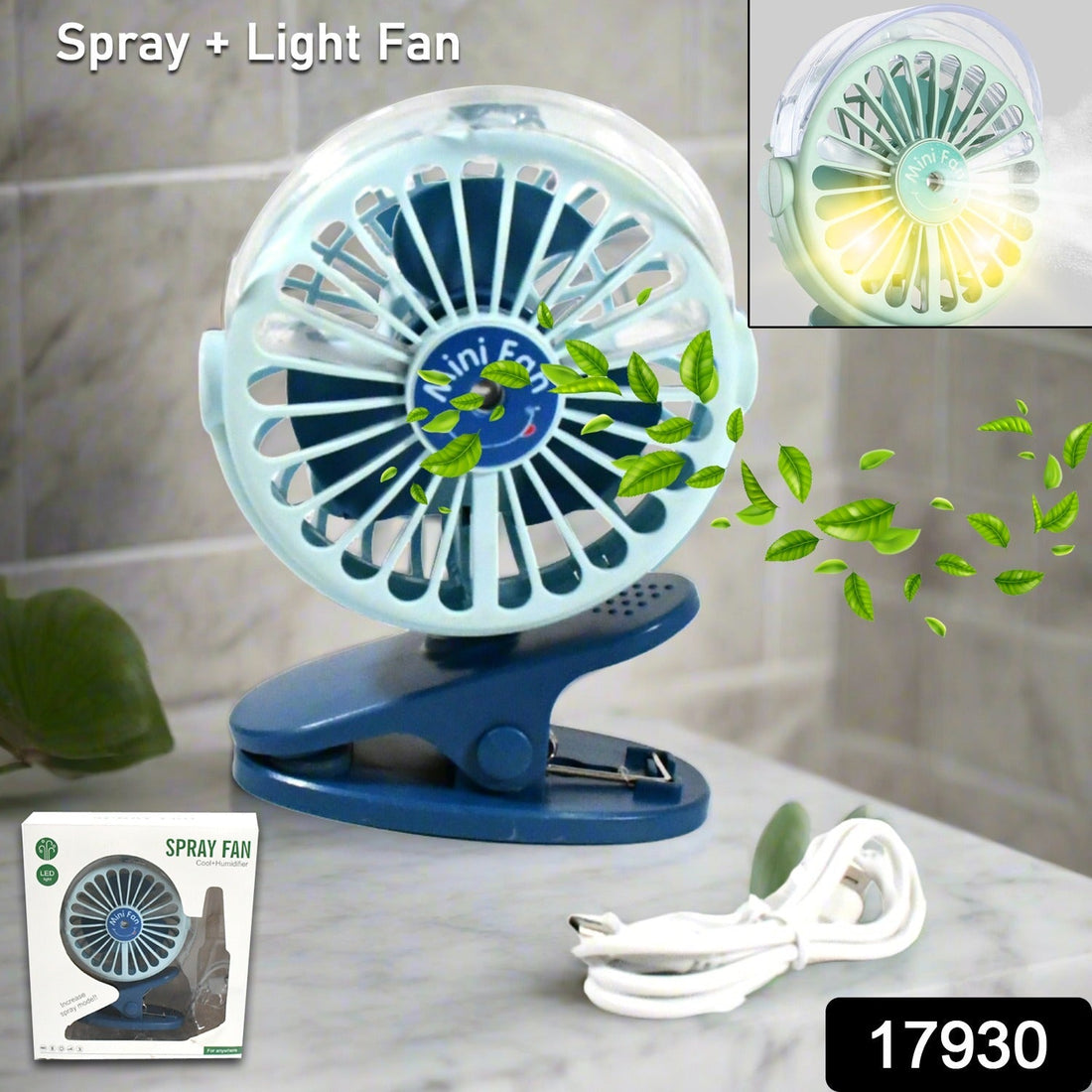 Portable Clip-on Fan, Battery Operated, With Light & Spray, Small Yet Powerful USB Table Fan, 3-Speed Quiet Rechargeable Mini Desk Fan, 360° Rotation, Personal Cooling Fan for Home, Office, Camping your brand