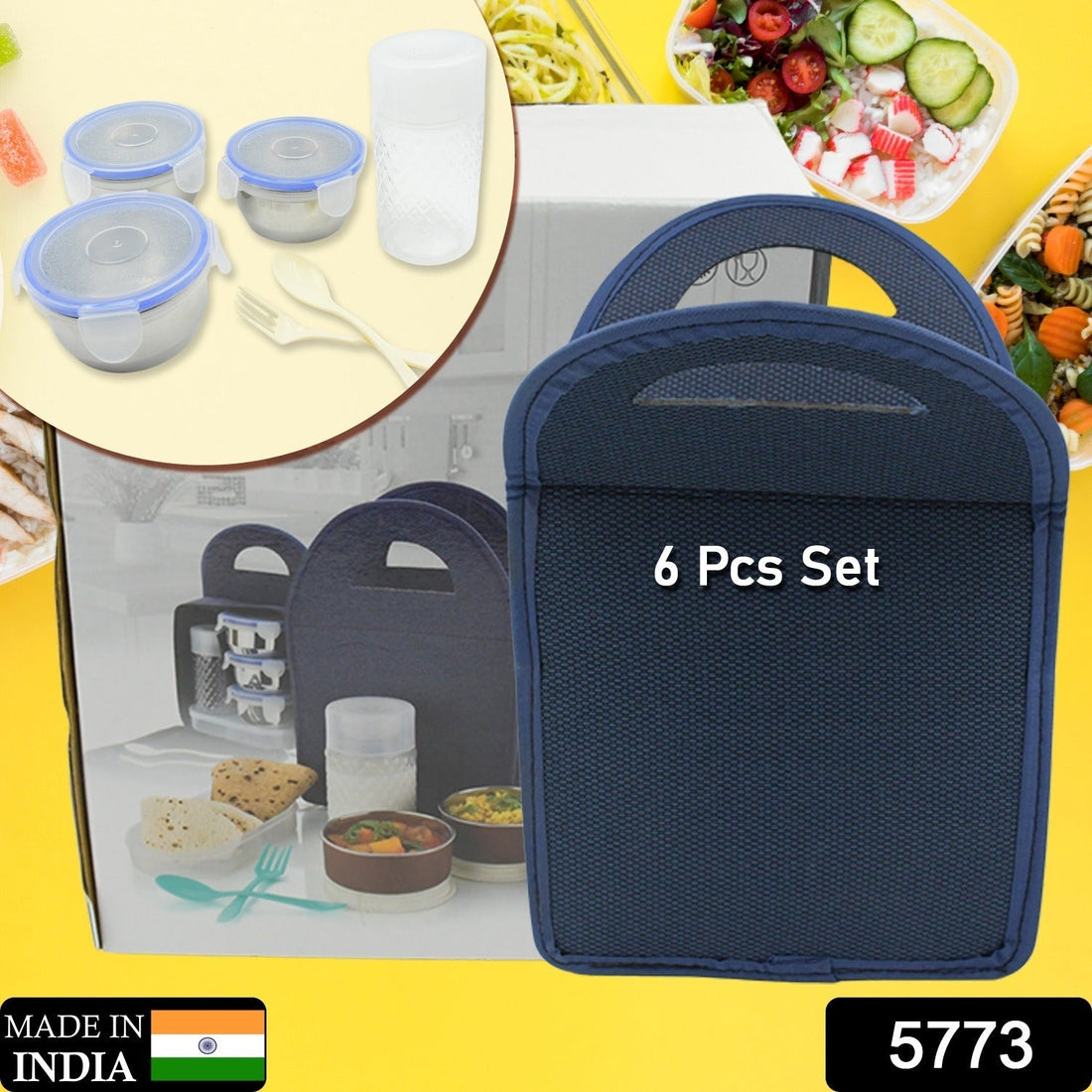 6In1 Tiffin Box-Lunch Box | 3 Stainless Steel Containers | Plastic lid Box | Spoon & Fork /Plastic Bottle | Insulated Fabric Bag | Leak Proof | Microwave Safe  for Office, College and School for Men, Women (6 pcs) your brand