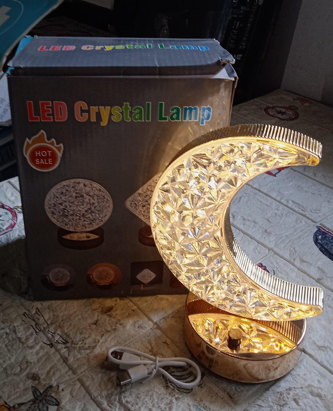 Crystal Table Lamp | Moon Shape Touch Control Lamp with 3 Color | Metal Bedside Lamp for Kids Bedroom Romantic Desktop Nightstand | Stepless Dimming USB Charging Touch Night Light - Shopmania Wholesale