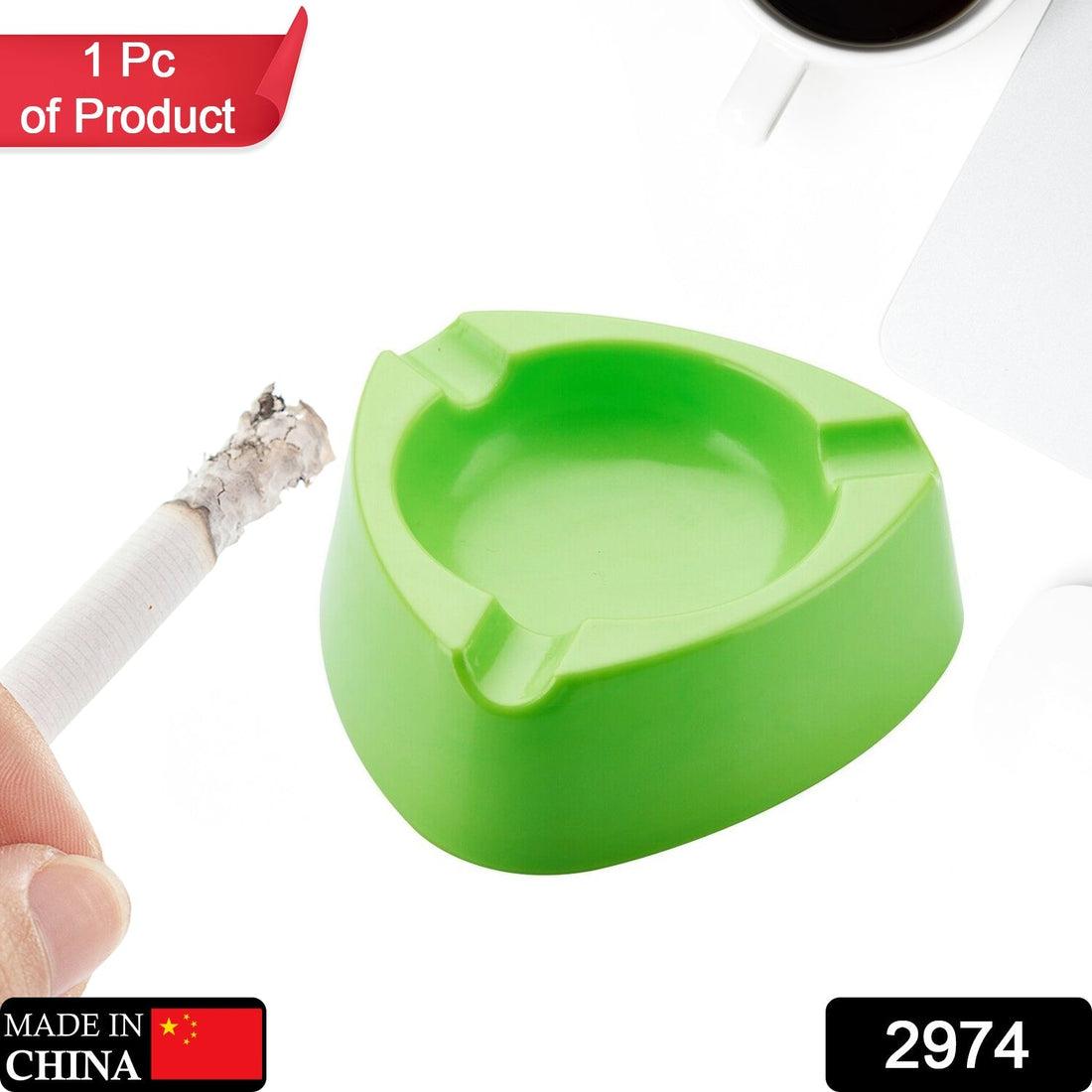 Modern melamine ashtray for indoor or outdoor use.