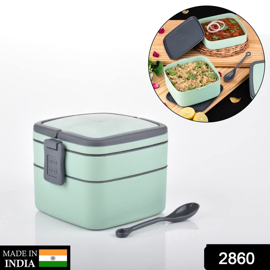 Green double-layer lunch box with handle and spoon