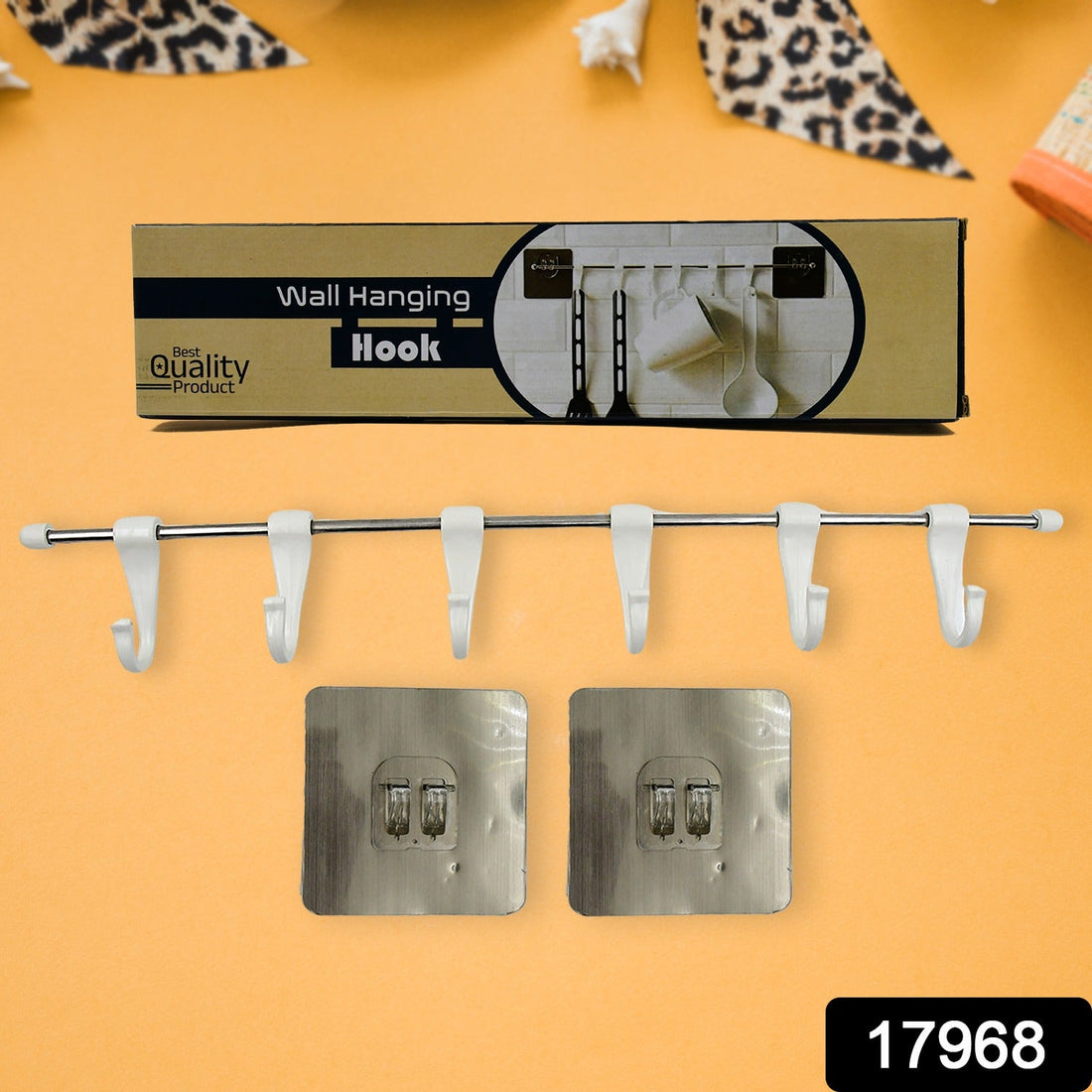 Stainless Steel Utensil Hanger Rail Nail Free Wall Mount with 2 Magic Stickers & 6 Plastic Hooks For Kitchen - Shopmania Wholesale