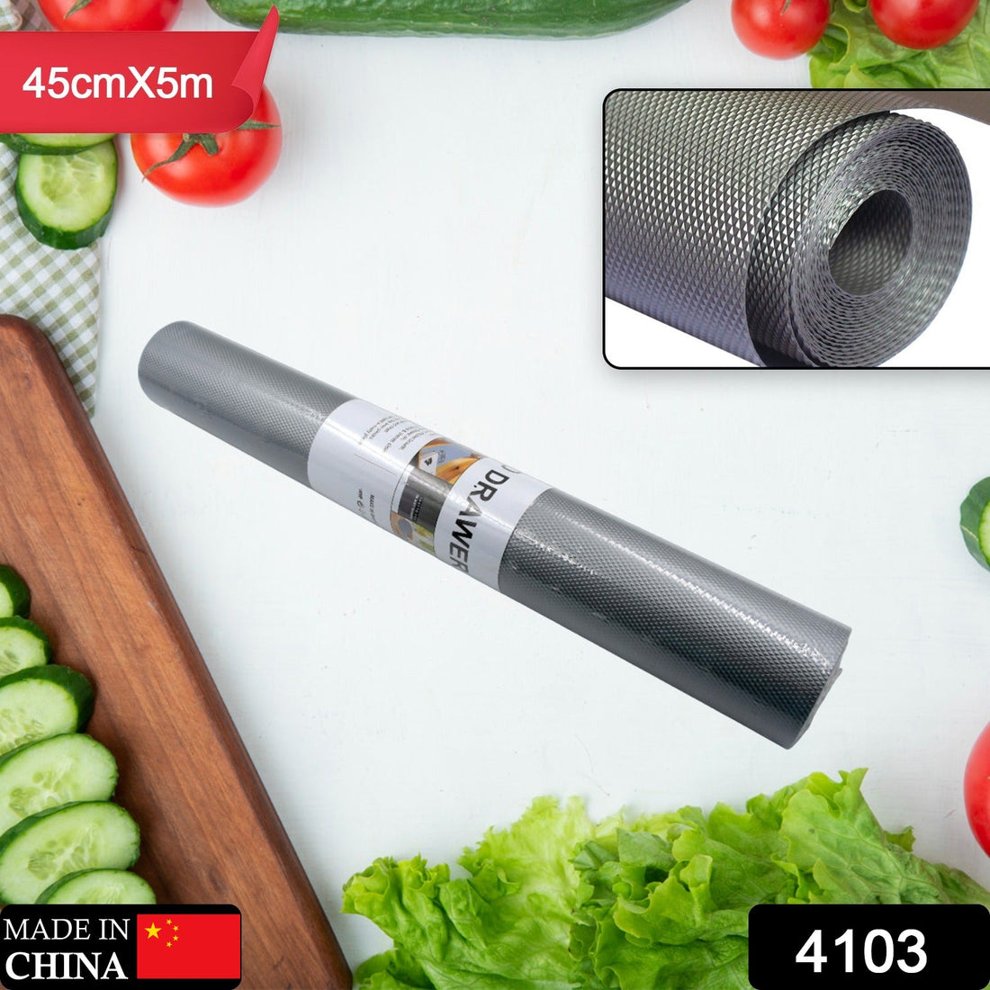 Anti-slip mat liner roll for kitchen, bathroom, and cabinets, keeps items in place.