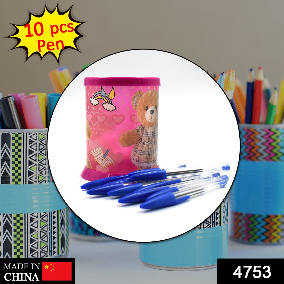 Pack of 10 budget-friendly stick ballpoint pens with a DIY stand for kids.