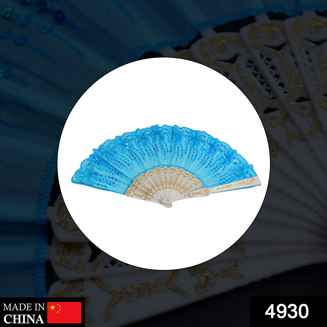 Chinese-style folding fan with floral designs, ideal for cooling and decorative purposes. Comes with a fabric sleeve.