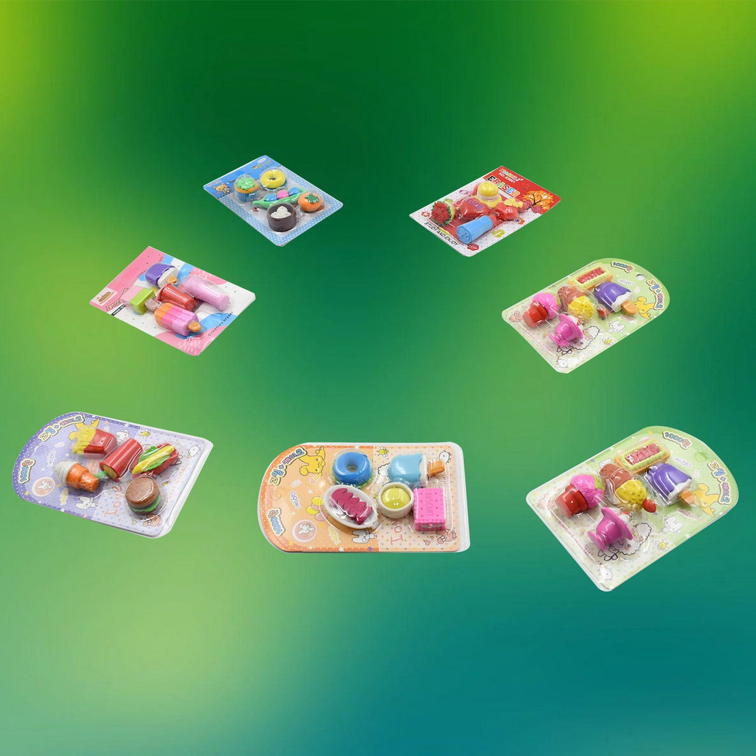 Colorful and stylish erasers set for children, mixed designs.