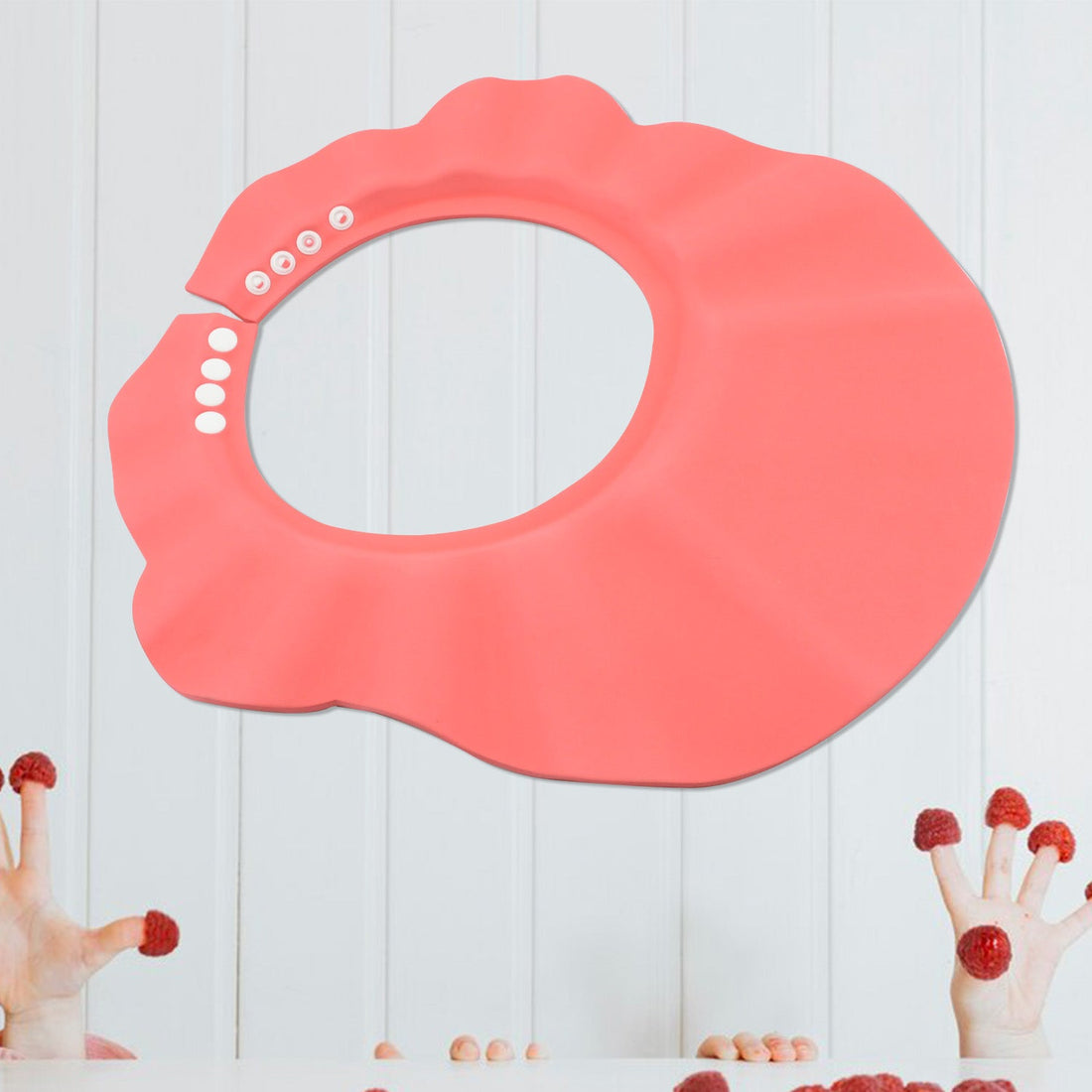 Adjustable baby shower cap protecting eyes and ears