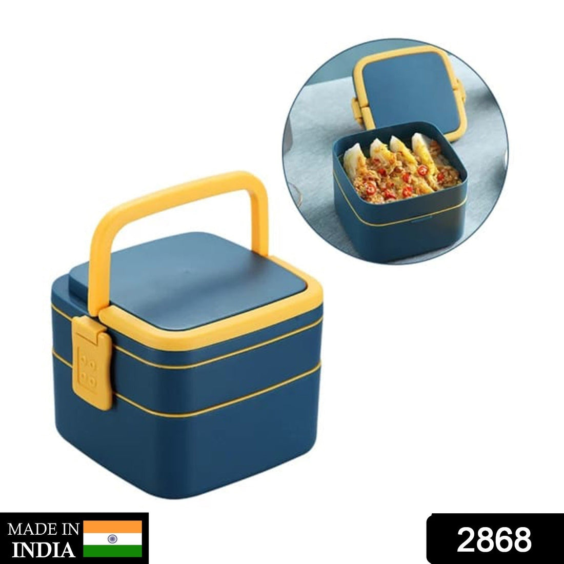 Blue double-layer lunch box with handle and spoon