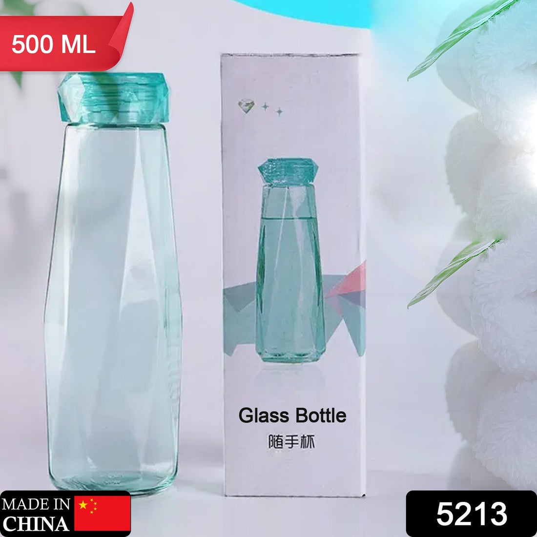 Glass water bottle with plastic cap