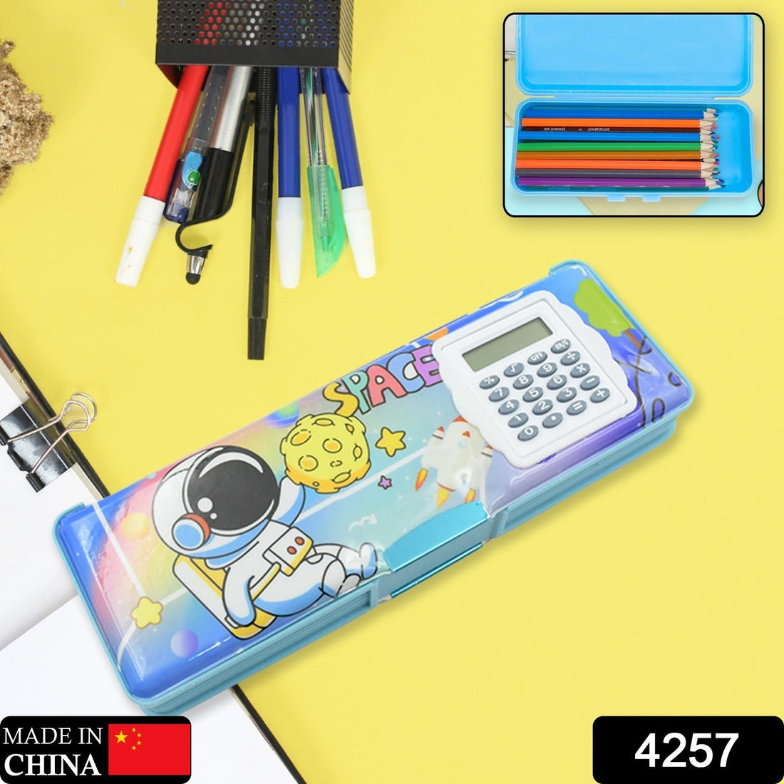 Magnetic geometry box with calculator and art supplies